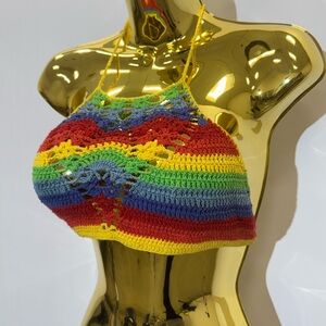 Vera & Lucy Rainbow Crochet Knit Halter Top – Size L